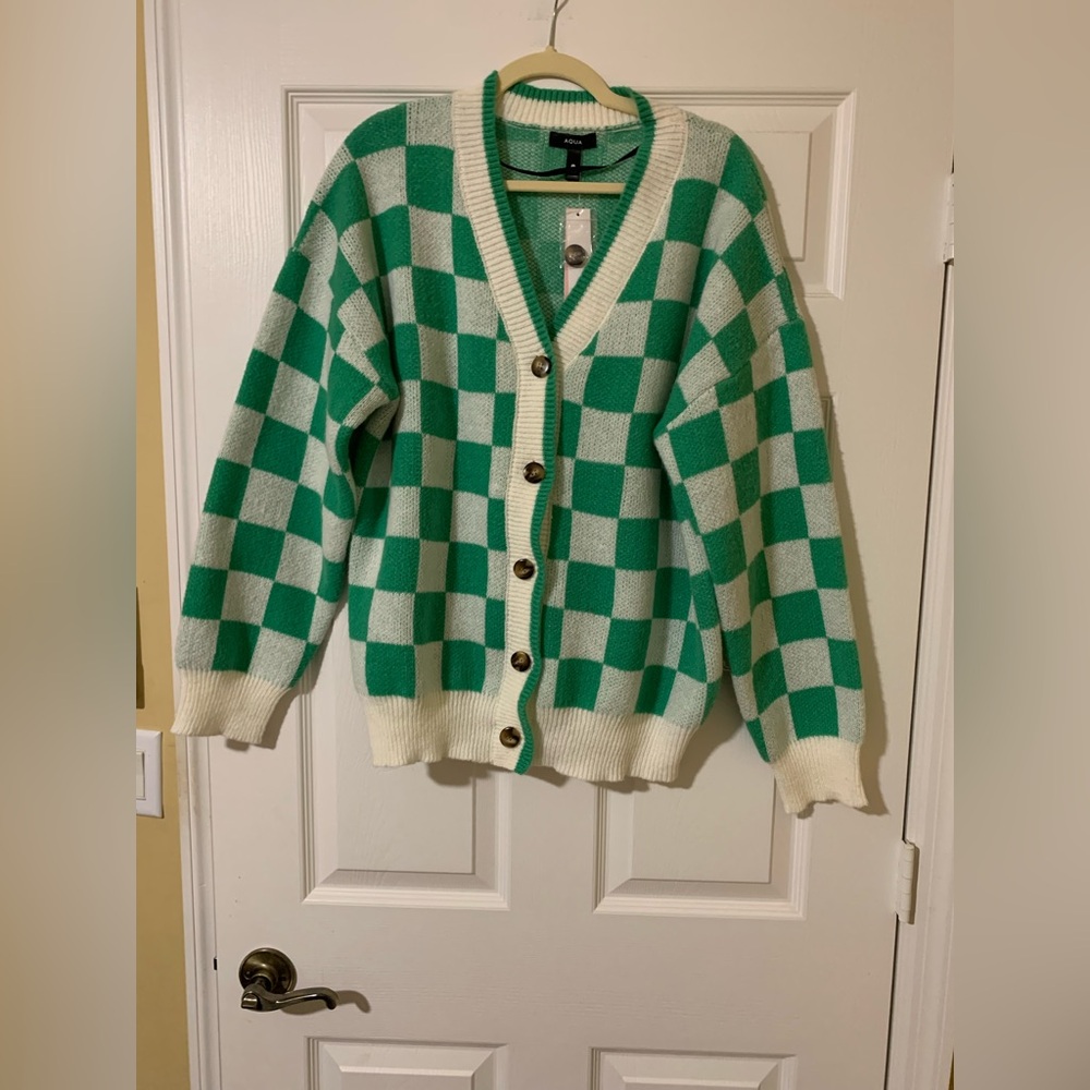 Aqua V-Neck Button Up Mint Green White Checkerboard Sweater Cardigan Large Retro - Picture 7 of 10